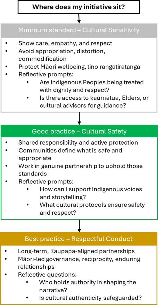 A flowchart outlines initiative stages from minimum standard cultural sensitivity to best practice respectful conduct with reflective prompts at each level.