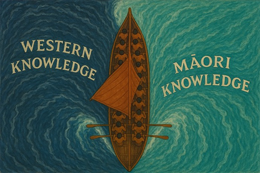 A waka moves between seas labeled Western knowledge and Māori knowledge, symbolising navigation between two knowledge systems.
