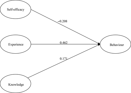 A path model presents 3 relationships with coefficients from self-efficacy, experience, and knowledge to behaviour.