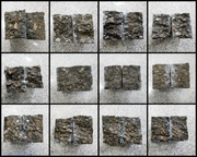 Twelve panels show fractured aggregate specimens on a speckled surface.