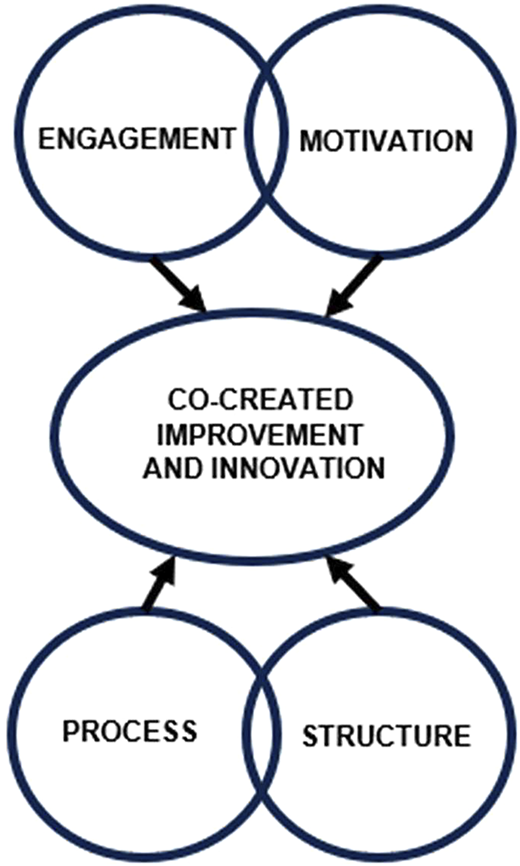 A diagram shows Engagement, Motivation, Process, and Structure linked to a central circle for co-created innovation.