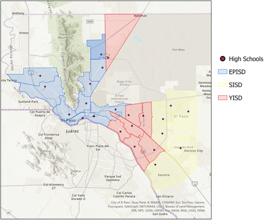 A map of El Paso school districts with color-coded boundaries.