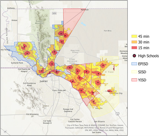 A map of El Paso, Texas, showing school district boundaries and travel time isochrones.