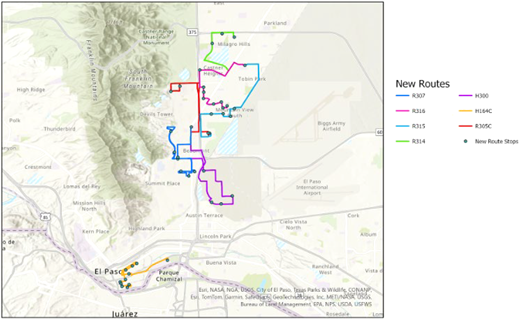 A map of new proposed routes in El Paso, Texas.