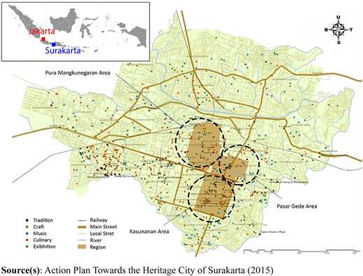 A map of Surakarta showing cultural activity locations, major roads, rivers, and key heritage areas.