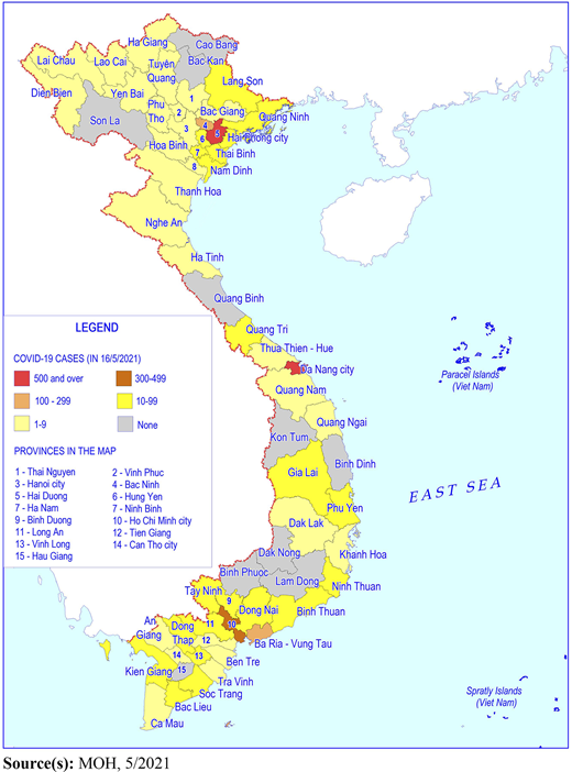 A map of Viet Nam showing COVID-19 cases by province on 16 May 2021 using colored categories.