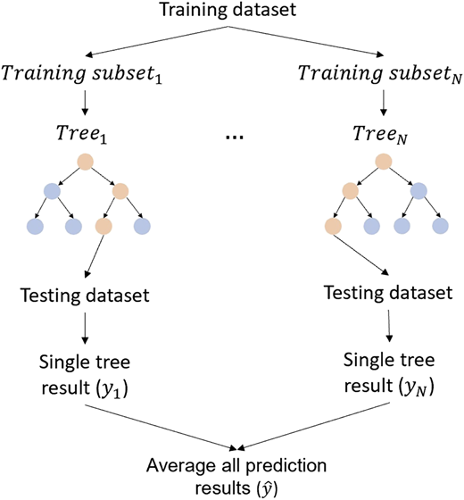 A flowchart shows a random forest process combining predictions from multiple decision trees.
