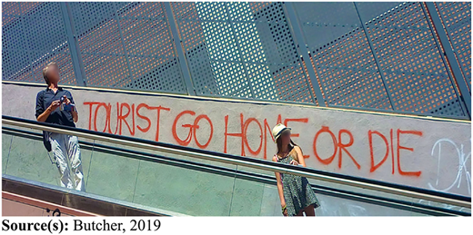 A photograph shows graffiti reading “TOURIST GO HOME OR DIE” beside people on an escalator walkway.