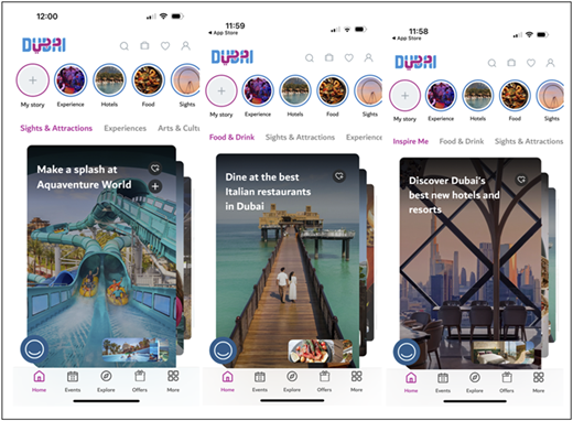 Three mobile app screens show Dubai travel categories and featured cards with attractions, dining, and hotels.