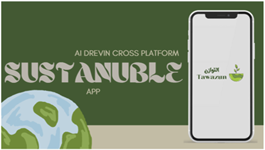A layout shows “SUSTANUBLE APP” text beside a phone displaying the “Tawazun” logo.