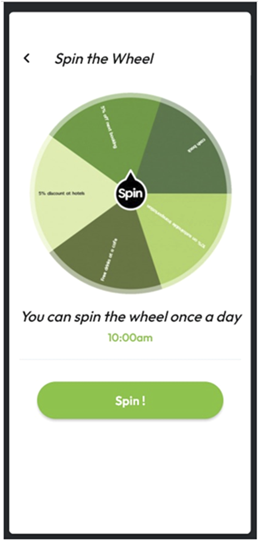 A mobile screen shows a “Spin the Wheel” reward wheel with a spin button.