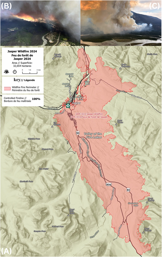 A composite figure shows a wildfire perimeter map and two photographs of the 2024 Jasper Wildfire Complex.