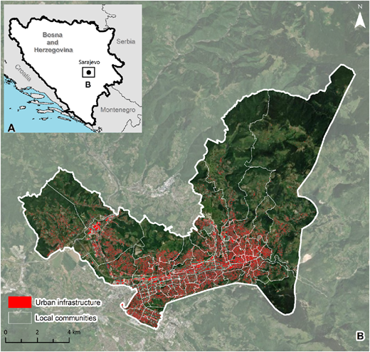 A map shows urban infrastructure in Sarajevo, Bosnia and Herzegovina, highlighted within local communities.