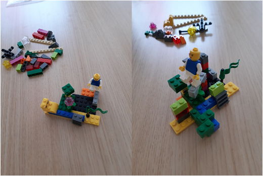 A photo shows Lego models and pieces arranged on a wooden table during a workshop in Helsinki, Finland.