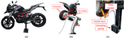 Three panels showing motorcycle test setup with chamber, air intake, outlet duct, filter holder, and sampling pump.