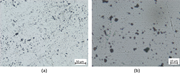 Two microscopic views of collected particles on a surface with scale bars 50 micrometers in part a and 10 micrometers in part b.