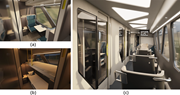 Three renderings show railway passenger accommodation with seating, sleeping berths, and an interior corridor.