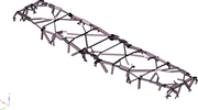 A three-dimensional structural model shows an elongated framework formed by interconnected beams and joints. The X, Y, and Z axes indicate the model orientation.