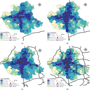Four maps show accessibility changes with expanding high-speed rail networks around Zhengzhou.