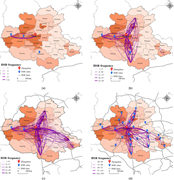 Four maps show H S R frequency changes across C P U A cities.