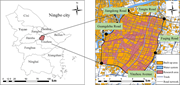 Two maps show Ningbo city districts and a Yinzhou research area bounded by named roads, with land use, tracks, and road networks.