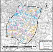 A map shows functional zone road segments for residential area, commercial area, and office area, with a north arrow and a 0 to 8 kilometre scale.