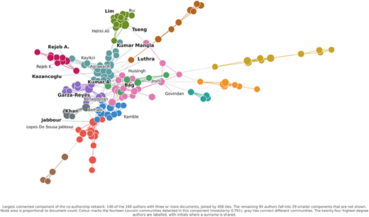 A diagram of a collaboration network showing co-authorship ties among researchers.