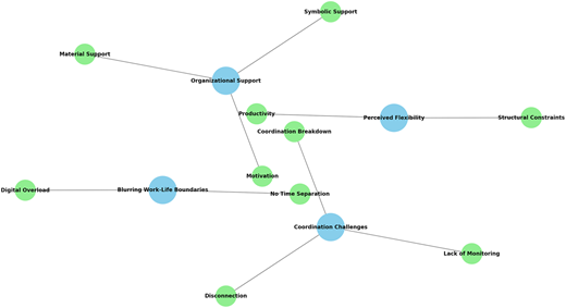 A network diagram with organizational support and coordination challenges linked to factors like flexibility and monitoring.