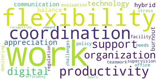 A word cloud with prominent words: flexibility, work, coordination, productivity, organization, support, digital.