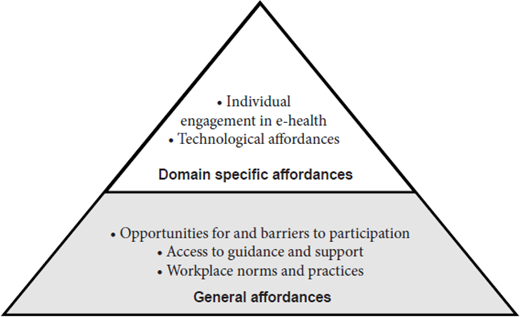 A triangular diagram shows domain specific affordances and general affordances, highlighting factors shaping participation in e health.