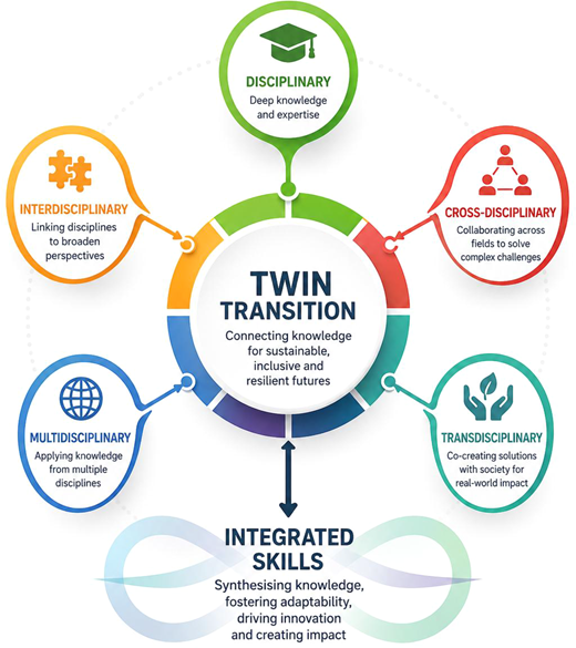 An infographic centres Twin Transition and connects disciplinary, interdisciplinary, cross-disciplinary, multidisciplinary, and transdisciplinary approaches to integrated skills for sustainable futures.