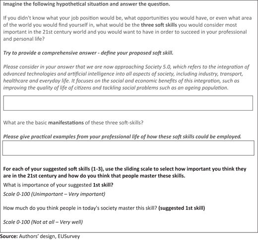 A bubble chart groups soft and hard skills for A I and Society 5.0, with circle sizes and labels showing importance and development needs.