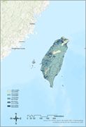 A map showing the resilience index distribution of urban and town areas in Taiwan.