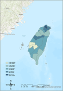 A map of Taiwan showing resilience index distribution in city areas.