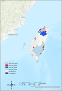 A map of Taiwan showing the distribution of resilience indices in urban and town areas.