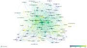 A network diagram illustrating the distribution of keywords by year of publication from 2005 to 2020.