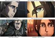 A collage of four images from the animated series Attack on Titan featuring characters Erwin Smith and Eren Yeager.