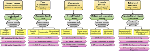 A conceptual framework diagram showing macro context, firm capabilities, community, dynamic process, and integrated outcomes.