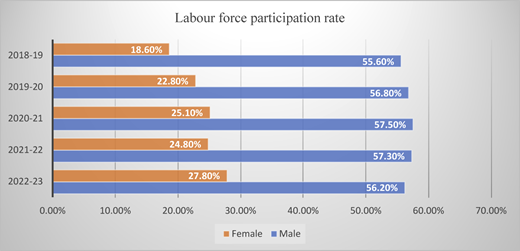 A grouped horizontal bar chart showing male and female labour force participation rates from 2018 to 2019 to 2022 to 2023.