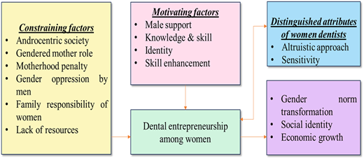 A figure links constraints, motivators, and outcomes to women’s dental entrepreneurship.