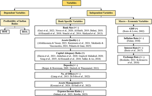 A diagram of dependent and independent variables affecting the profitability of Indian banks.