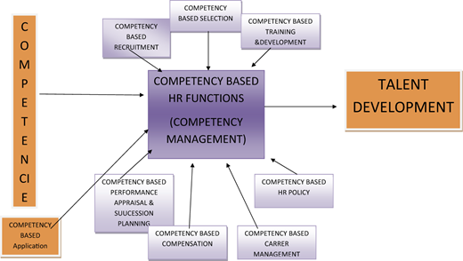 A diagram of competency-based HR functions and their connections to competency and talent development.