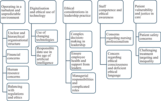 A thematic diagram presents five healthcare ethics themes, with subthemes on environment, technology, leadership, staff, and patients.