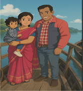 An animation presents a woman holding a young child, with a man standing beside them with one arm behind the woman, on a wooden bridge beside a body of water.