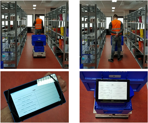 A four-image panel shows a warehouse worker with a robot cart and a tablet used for order picking tasks.