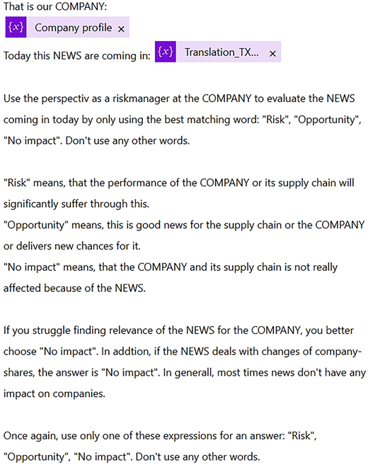 Screenshot of a prompt used to classify news as “Risk”, “Opportunity”, or “No impact” based on a company profile.