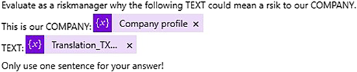 Screenshot of a prompt used to generate a one-sentence justification for why a news item may represent a risk to a company.