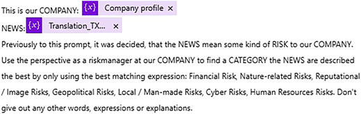 Screenshot of a prompt used to assign a risk category to a news item.