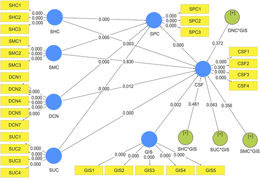 Path diagram showing relationships among S H C, S M C, D C N, S U C, S P C, G I S, and C S F with interaction terms.