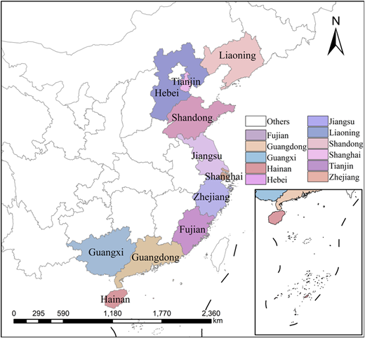A map shows the study area in China with regions labeled and color-coded according to their respective provinces.